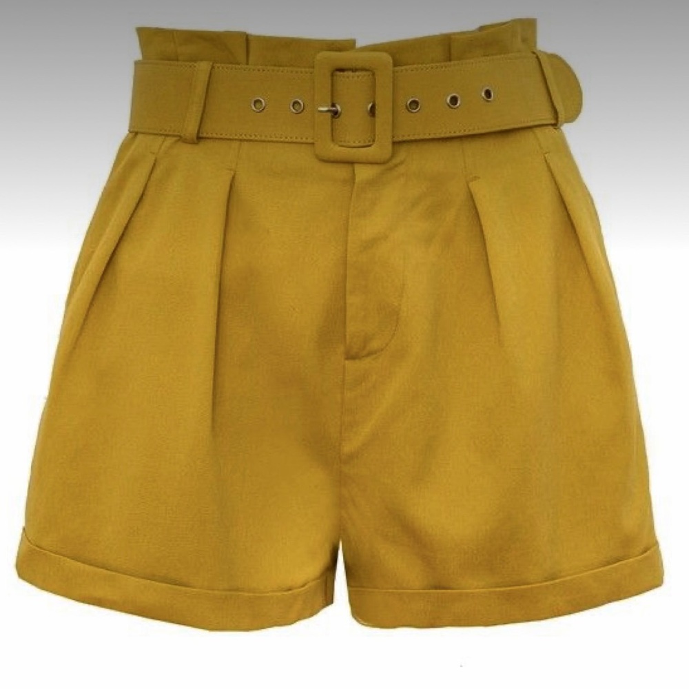 Pixie Market Mustard Yellow Paper bag Shorts Belted Cuffed Pleated High Rise XS
